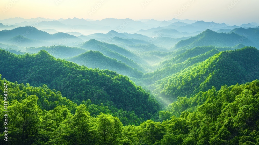 Fototapeta premium Misty sunrise over lush green mountain range.