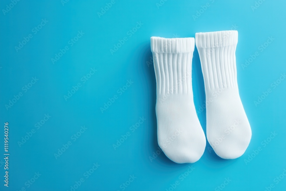 Clean white socks on a blue background showcasing texture and design Clean white socks on a blue background showcasing texture and design
