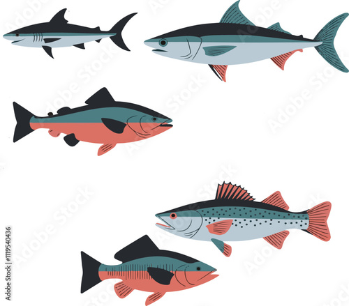 Sea fish silhouette cartoon set. Abstract shape marine fish kids naive drawn art. Tuna salmon or aquarium fishes simple figure. Flat ocean design isolated vector illustration on a white background