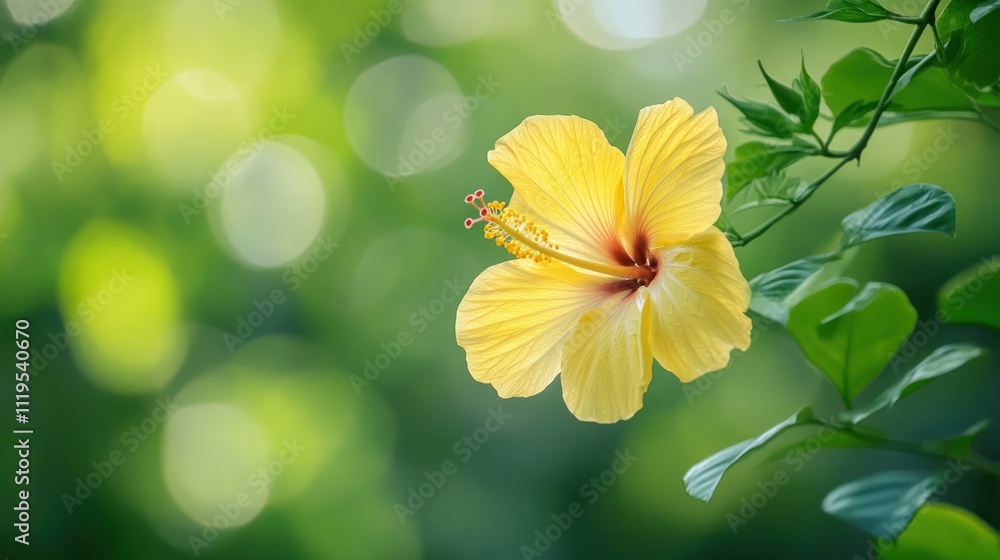Single yellow hibiscus flower blooming on a green bokeh background. Single yellow hibiscus flower blooming on a green bokeh background.