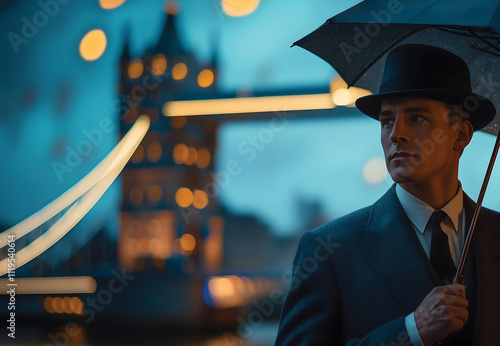 A man in a retro suit and hat holding a black umbrella near Tower Bridge in London.  photo