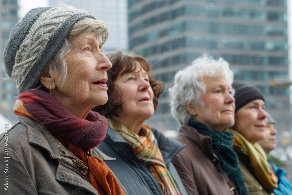 Group of senior women standing in front of the city. Selective focus Group of senior women standing in front of the city. Selective focus