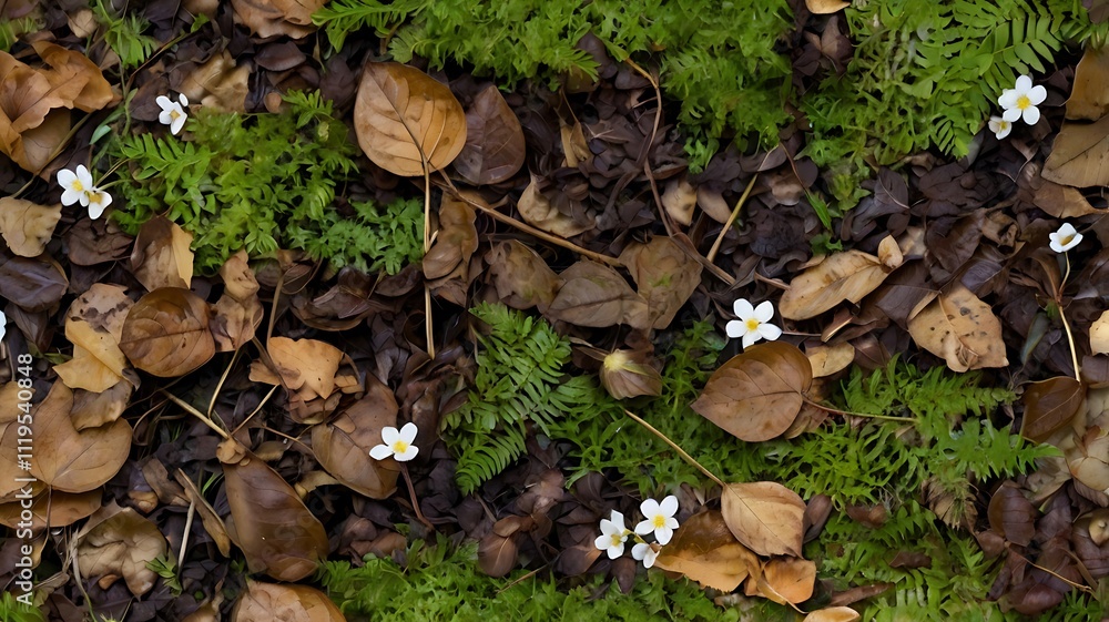 Delicate white flowers bloom amidst fallen brown leaves and moss Delicate white flowers bloom amidst fallen brown leaves and moss
