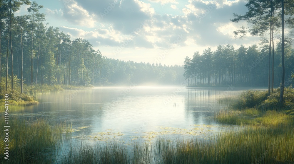 Fototapeta premium Misty sunrise over serene forest lake.