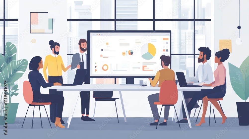 Diverse business team collaborates during a presentation with data visualizations on a large screen in a modern office. Diverse business team collaborates during a presentation with data visualizations on a large screen in a modern office.