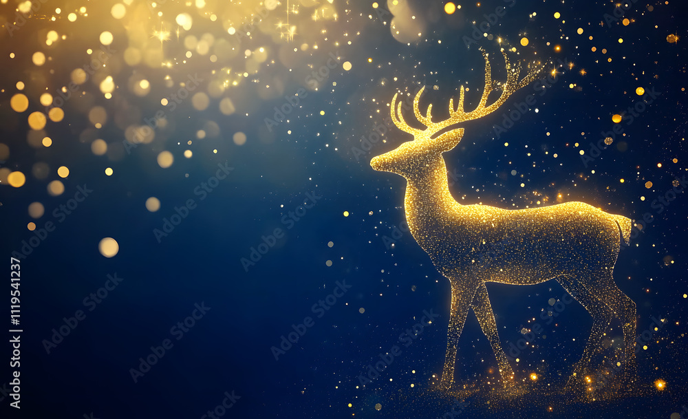 A beautiful golden deer silhouette with glowing particles, standing on the right side of an abstract blue background, glittering golden dust swirls and bokeh lights around it Generative AI A beautiful golden deer silhouette with glowing particles, standing on the right side of an abstract blue background, glittering golden dust swirls and bokeh lights around it Generative AI