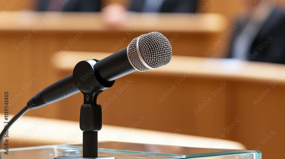 Town Hall Meeting Scene With Microphone Concept, Sleek Microphone on Glass Podium for City Council Meeting in Modern Conference Room Town Hall Meeting Scene With Microphone Concept, Sleek Microphone on Glass Podium for City Council Meeting in Modern Conference Room