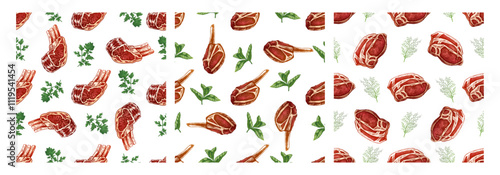 Seamless hand-drawn meat cuts pattern with herbs and spices