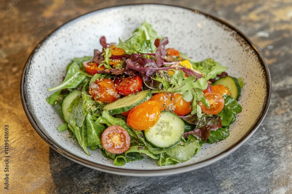 A vibrant salad featuring greens, cherry tomatoes, and cucumbers in a decorative bowl. A vibrant salad featuring greens, cherry tomatoes, and cucumbers in a decorative bowl.