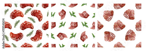 Seamless hand-drawn pattern of meat cuts with fresh herbs
