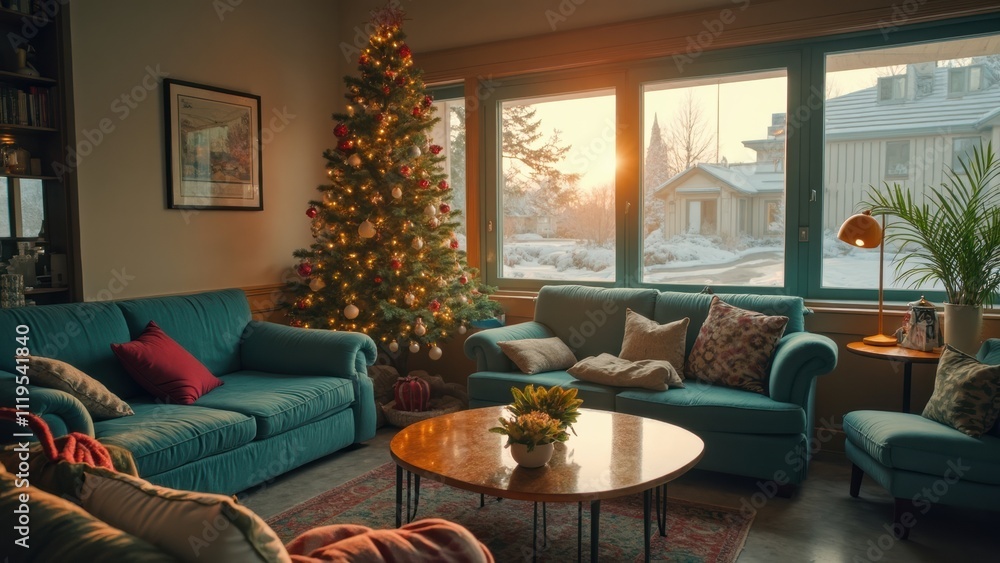 Cozy Living Room Decorated for Winter With a Christmas Tree and Soft Sunlight Streaming in Through Large Windows Cozy Living Room Decorated for Winter With a Christmas Tree and Soft Sunlight Streaming in Through Large Windows