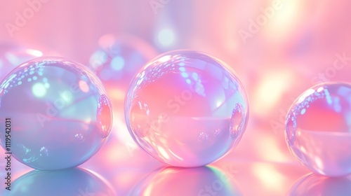 Iridescent spheres on pink and orange background.