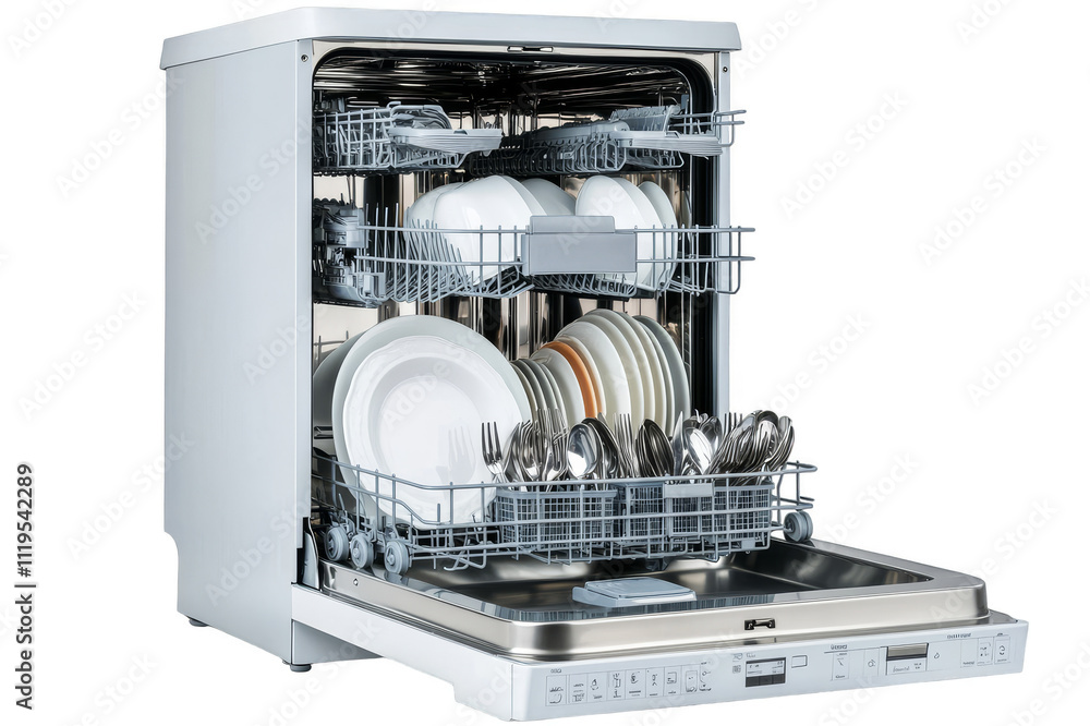Open dishwasher containing plates, bowls and cutlery on transparent background Open dishwasher containing plates, bowls and cutlery on transparent background