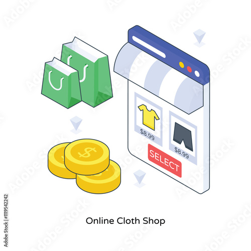 Online Cloth Shop isometric Colored illustration. EPS File stock illustration