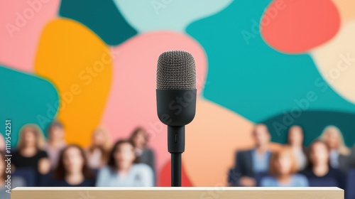 Town Hall Meeting Scene With Microphone Concept, Creative Town Hall Design Featuring Microphone Against Colorful Abstract Background