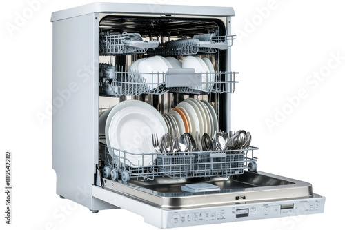 Open dishwasher containing plates, bowls and cutlery on transparent background