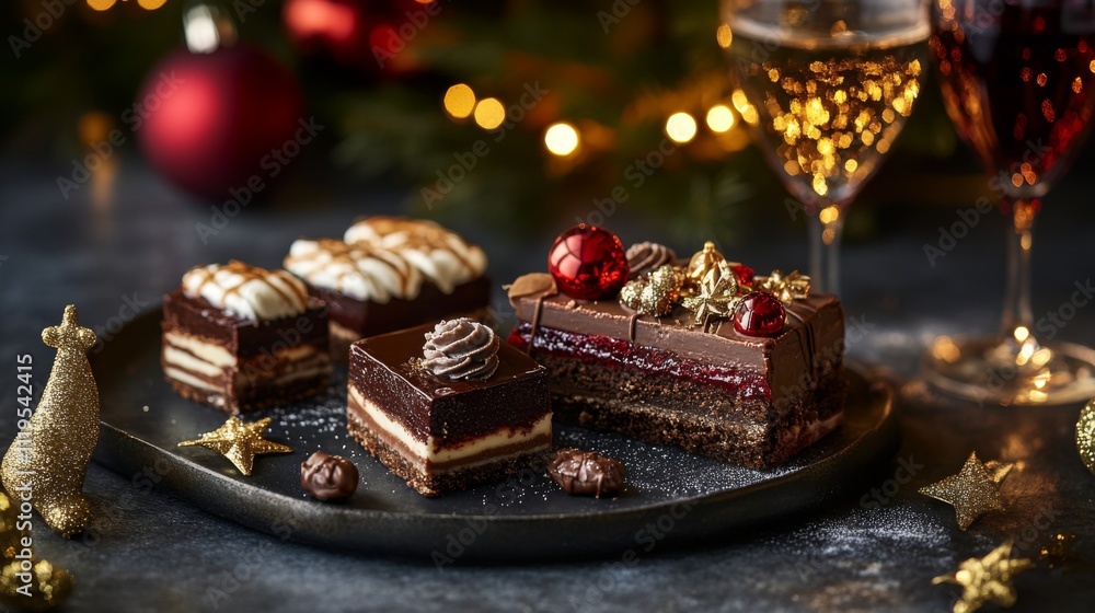 A festive array of decadent chocolate desserts, featuring decorative elements like gold stars and baubles, set against a backdrop of twinkling holiday lights. A festive array of decadent chocolate desserts, featuring decorative elements like gold stars and baubles, set against a backdrop of twinkling holiday lights.