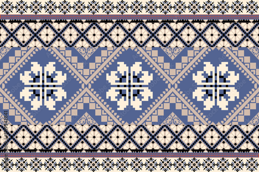 Obraz premium Art Abstract with Pixel Art Designs. Traditional Cross Stitch needlework. Geometric Ethnic Pattern, Embroidery, Textile Ornamental, Fabric, Hand Stitch Pattern, Cultural Stitching Pixel Art