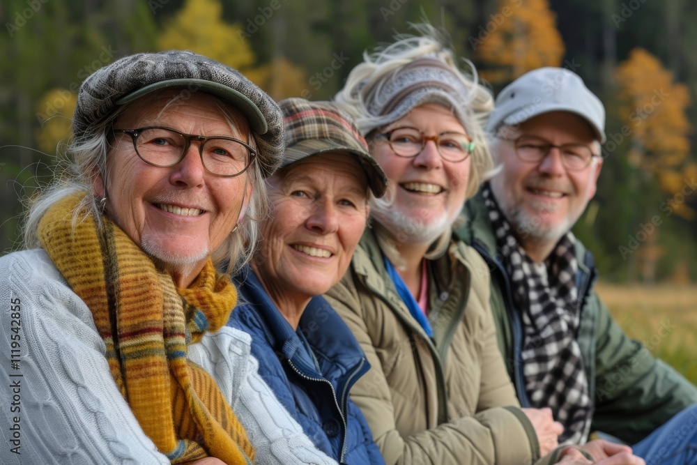 Group of elderly friends sitting in the autumn forest. Selective focus. Group of elderly friends sitting in the autumn forest. Selective focus.