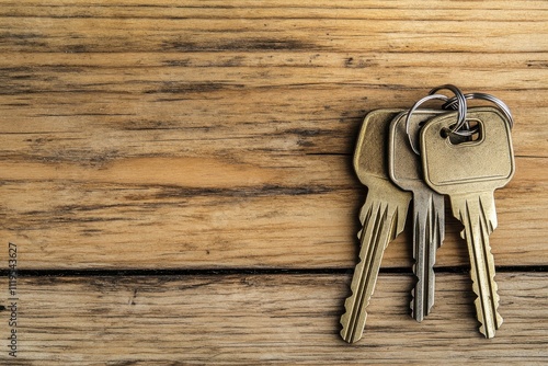 Three metal keys on a wooden table in soft lighting photo