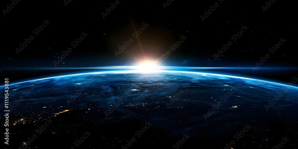 Fototapeta premium Sunrise blue light view from space on planet earth at night 
