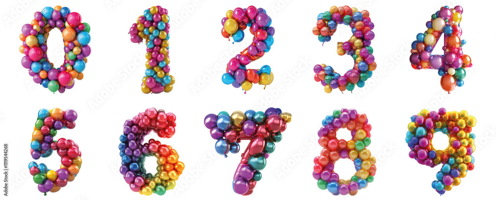 Pack 0 to 9 Numbers Colorful Balloons Style set over Transparent Background for Modern Design Projects, Creative Branding, or Unique Typography Applications Pack 0 to 9 Numbers Colorful Balloons Style set over Transparent Background for Modern Design Projects, Creative Branding, or Unique Typography Applications