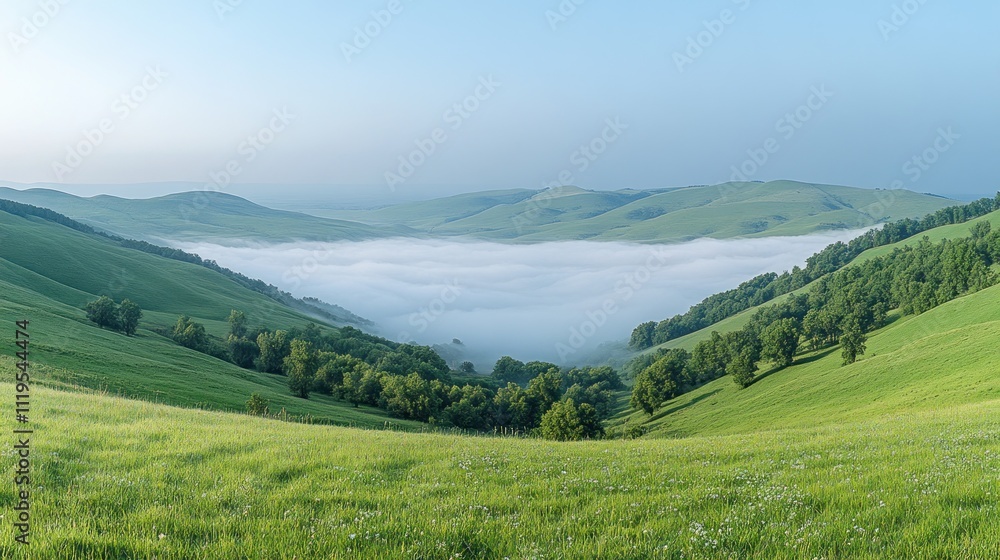 Fototapeta premium Misty valley nestled in rolling green hills at sunrise.