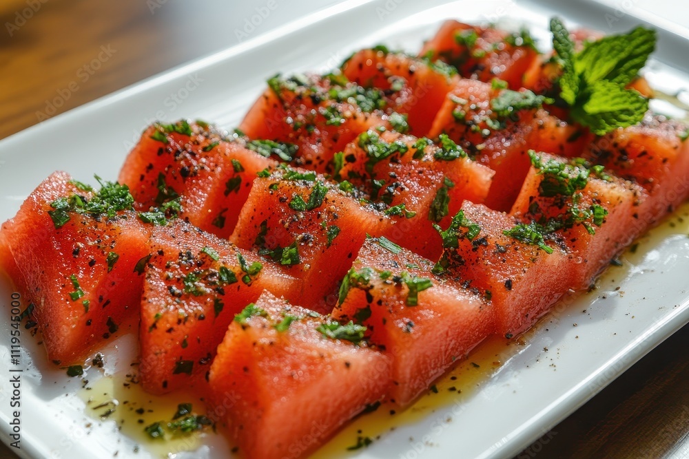 A beautifully arranged plate of watermelon cubes garnished with herbs and spices. A beautifully arranged plate of watermelon cubes garnished with herbs and spices.