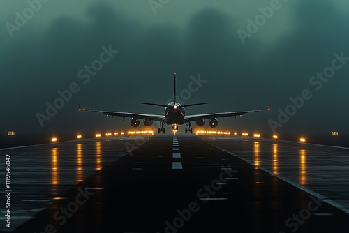 Glowing Jetliner Landing at Dusk with Fog, Runway Lights, and a Dramatic Evening Silhouette photo