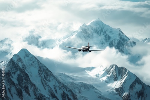 Airplane Flying Over Snowy Mountain Peaks with Crisp Lighting and a Sense of Adventure photo