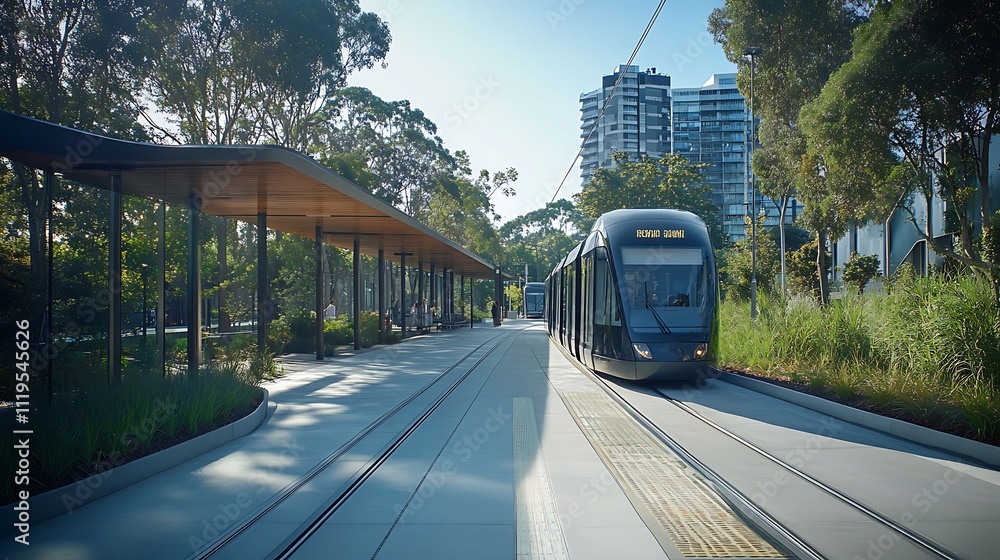 Obraz premium Urban Public Transport Solutions, Modern Eco-Friendly Tram Station Surrounded by Greenery