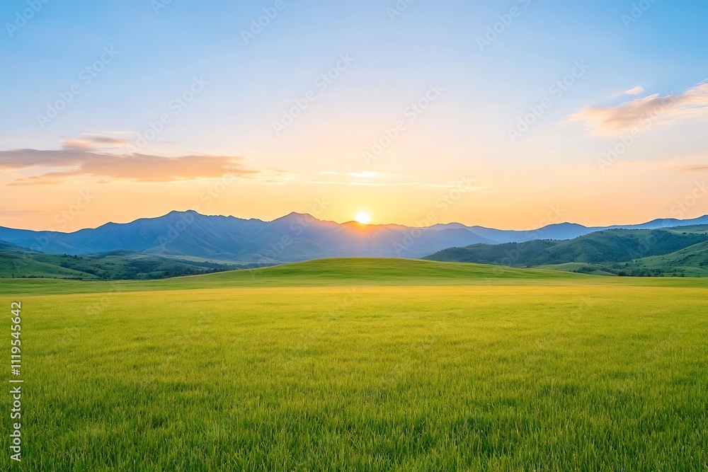 Naklejka premium Stunning Pastoral Landscape with Rolling Hills and Golden Fields Under Vibrant Sunset Sky