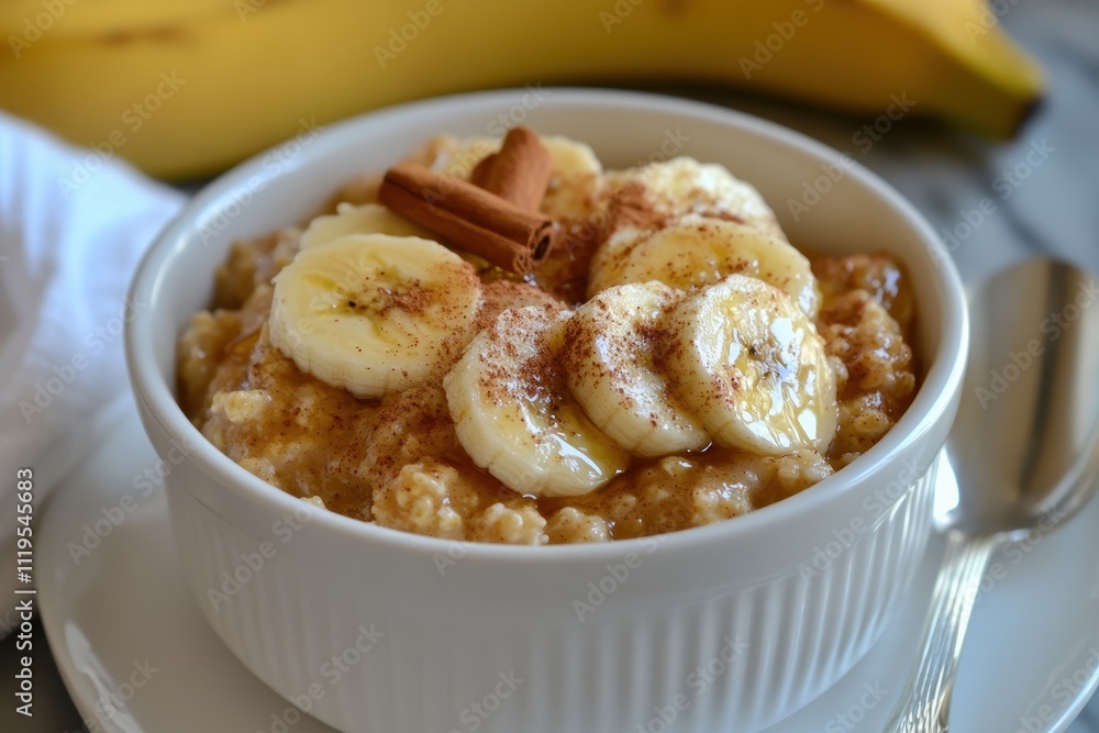 A bowl of oatmeal topped with banana slices and cinnamon, served as a healthy breakfast option. A bowl of oatmeal topped with banana slices and cinnamon, served as a healthy breakfast option.
