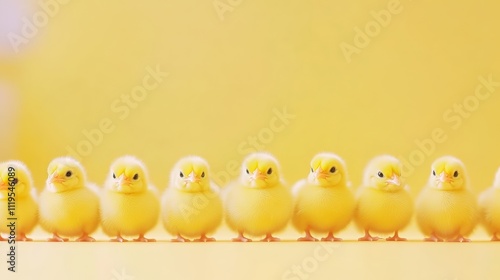 Adorable Yellow Chicks in a Row on Bright Yellow Background photo