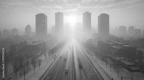 Monochrome cityscape, snowy highway, hazy sunrise.