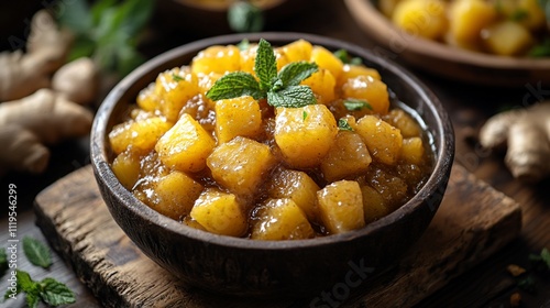 Sweet and spicy pineapple chutney in a dark wooden bowl, garnished with mint leaves and served with ginger.