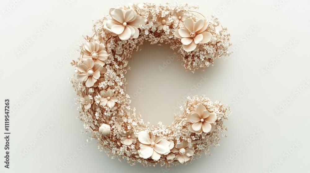 3D letter 'C' covered in intricate flower designs and delicate floral details, 3D letter 'C' covered in intricate flower designs and delicate floral details,