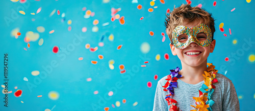 Funny boy with carnival mask isolated on blue