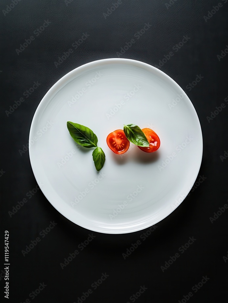 A minimalist plate featuring halved tomatoes and fresh basil leaves. A minimalist plate featuring halved tomatoes and fresh basil leaves.