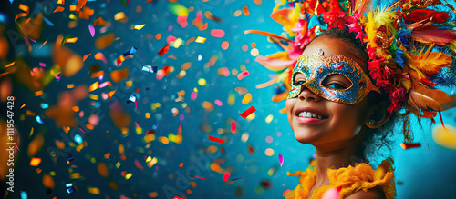 Funny girl with mask and carnival costume isolated on blue