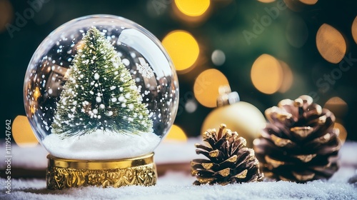 Christmas snow globe with vibrant hues and pine cone decorations, creating a cozy, magical winter wonderland that brings out the warmth, joy, and charm of the holiday season in a festive ambiance