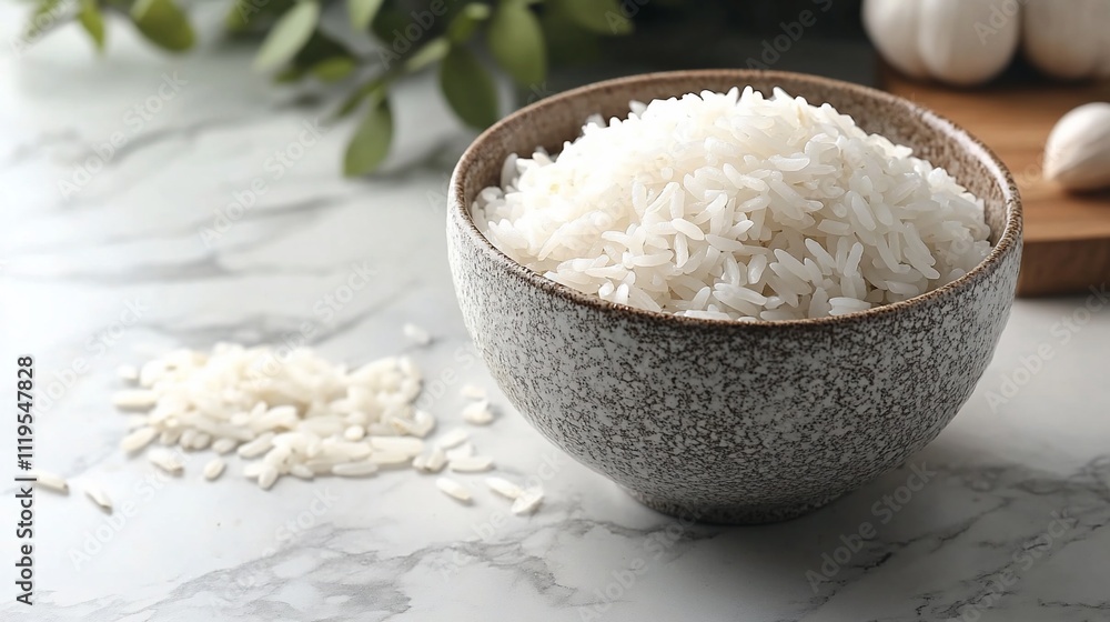 Cooked white rice in a bowl on a marble surface. Cooked white rice in a bowl on a marble surface.