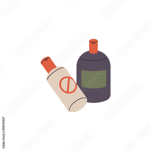 Plastic bottles of dangerous detergents, home chemicals for housekeeping. Containers of toxic cleansers for cleaning, washing. Sanitary icon. Flat isolated vector illustration on white background
