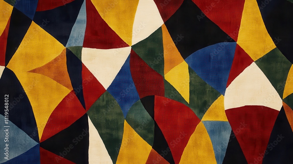 Fototapeta premium Abstract geometric textile pattern with vibrant colors and triangular shapes.