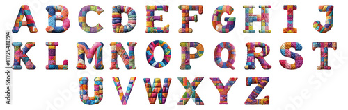 Pack A to Z alphabets Colorful Quilting Style set over Transparent Background for Modern Design Projects, Creative Branding, or Unique Typography Applications