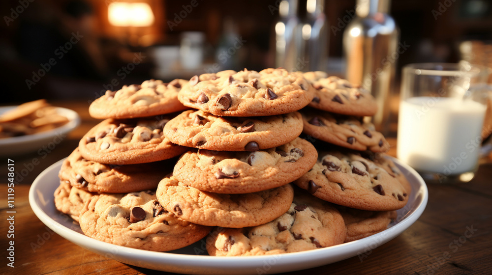 Chocolate chip cookies snacks food in a plate on table Chocolate chip cookies snacks food in a plate on table