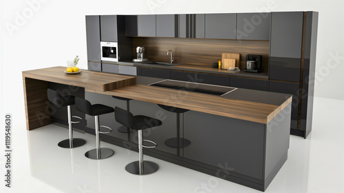 Sleek Modern Kitchen Design: Black and Wood Cabinetry, Kitchen Island, and Stylish Bar Stools for a Functional, Elegant Culinary Space