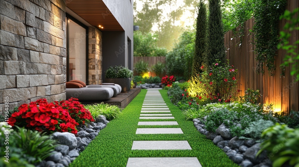 Obraz premium Modern backyard garden with stone path, lush greenery, and outdoor seating area.