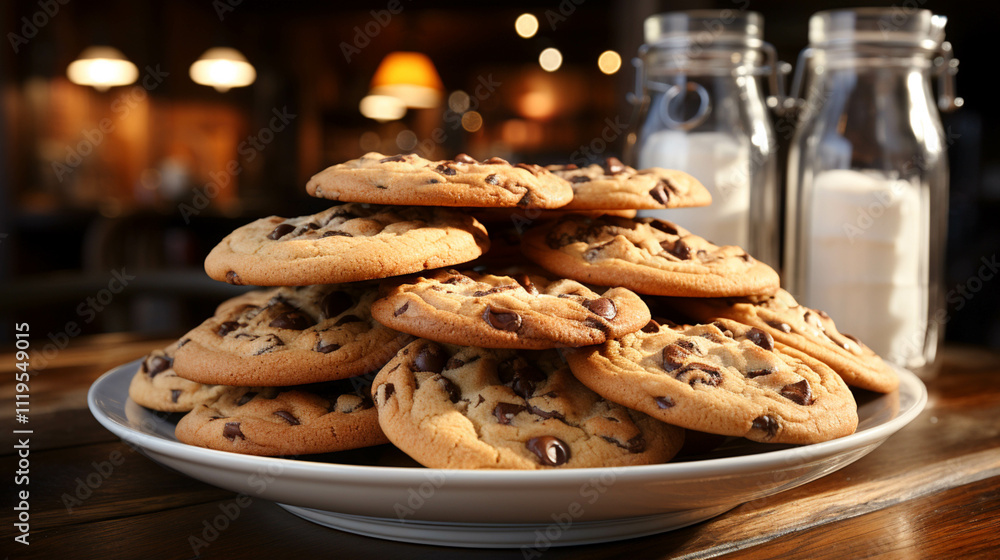 Chocolate chip cookies snacks food in a plate on table Chocolate chip cookies snacks food in a plate on table