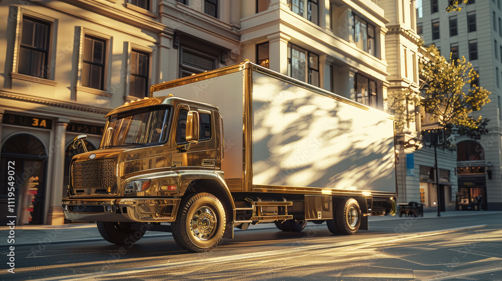 Naklejka premium A golden truck in the street.